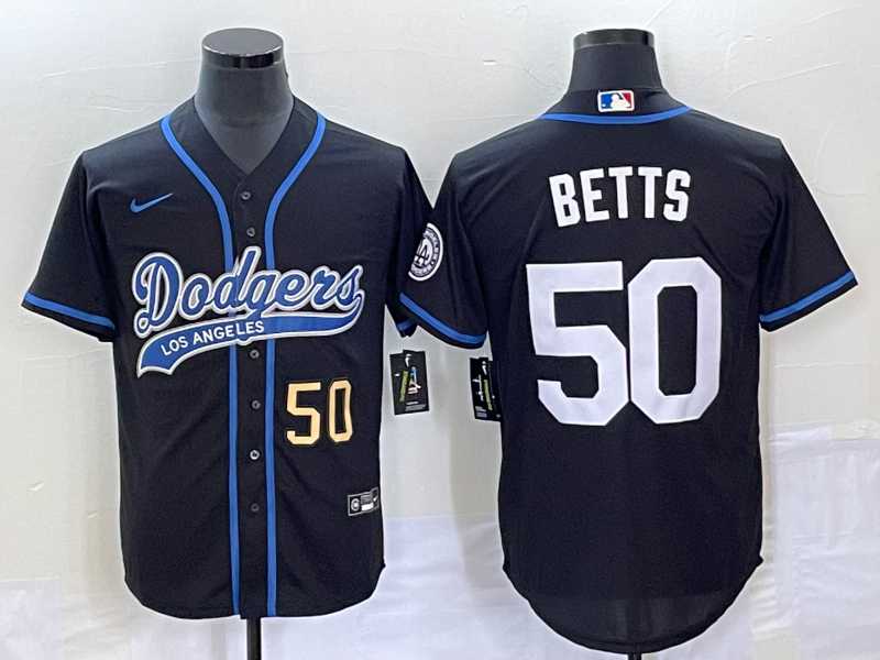 Mens Los Angeles Dodgers #50 Mookie Betts Number Black With Patch Cool Base Stitched Baseball Jersey